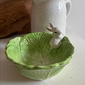 Green Cabbage Ceramic Bowl with Rabbit Accent Easter Spring Decor